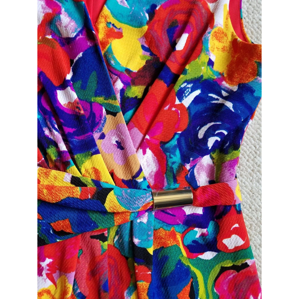 Womens Dress-ELLEN TRACY-red/purple/yellow floral knit maximalist Resort-6 - Picture 4 of 5